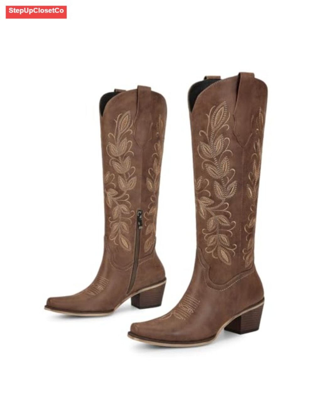 Faux Leather Knee High Cowboy Boots Western Floral Embroidery Low Heel
